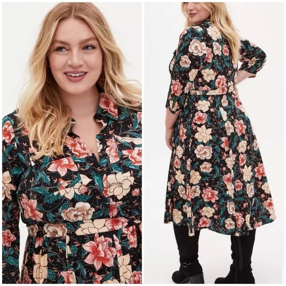 Torrid Floral Midi Challis Shirt Dress in Black - Picture 2 of 15